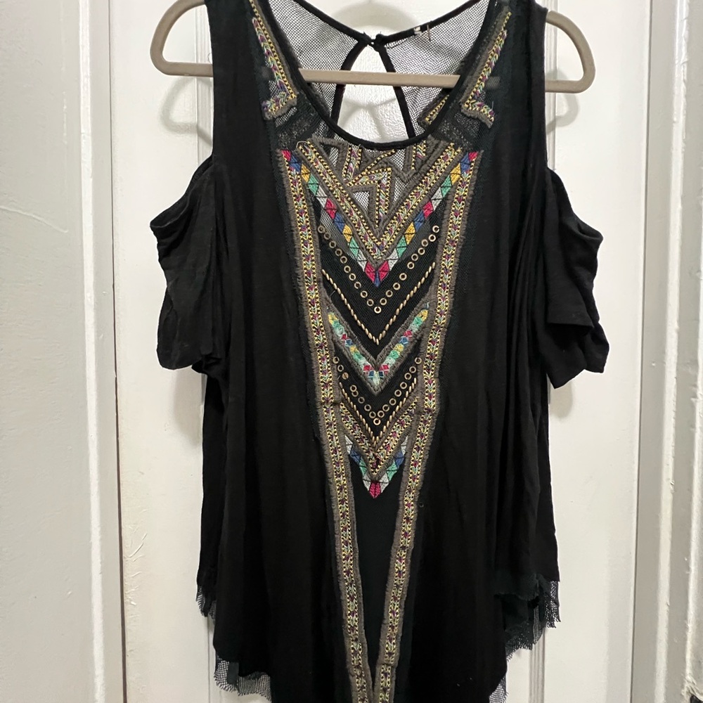 Free People Embroidered Black Cold Shoulder Top